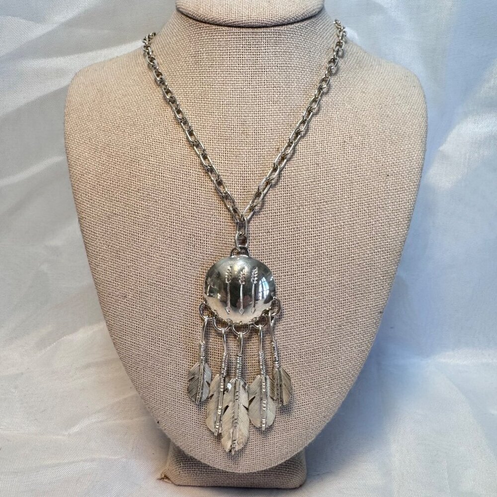 VTG Sterling Silver 925 Southwestern Native Feather Arrow Tassel Pendant 24''